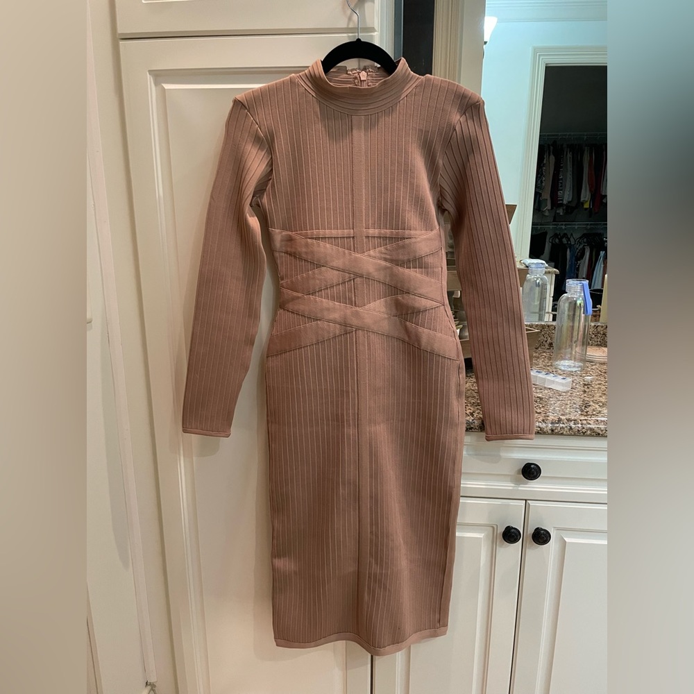 Cross Strap Ribbed Bandage Long Sleeve Midi Fall Winter Bodycon Party Dress
